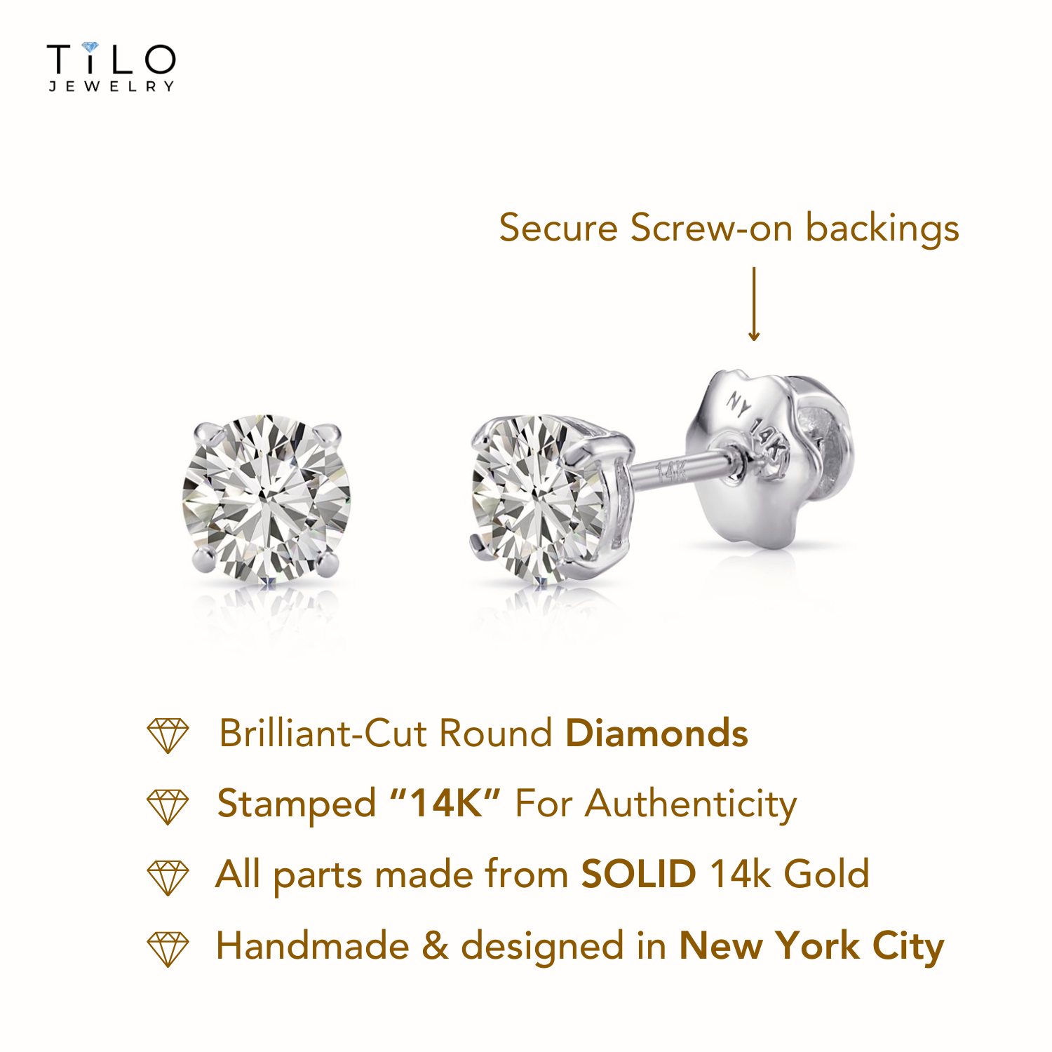 14K White Gold Round Brilliant-Cut Lab Diamond Stud Earrings, Screwback