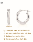 14k White Gold Chunky Hoop Earrings, 3mm Thickness