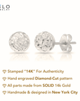14K White Gold Sparkle Ball Stud Earrings, Hand Engraved Diamond-Cuts