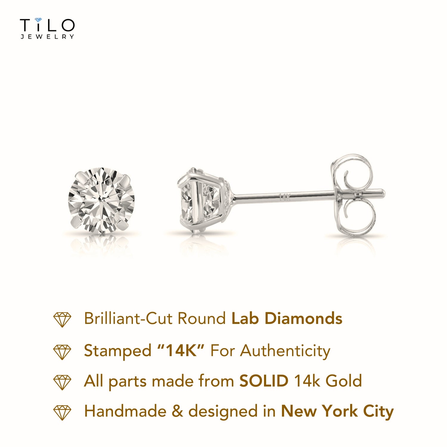 14K White Gold Lab Diamond Stud Earrings, CVD Brilliant Solitaire Round Diamond Studs, Pushback