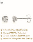 14K White Gold Lab Diamond Stud Earrings, CVD Brilliant Solitaire Round Diamond Studs, Pushback