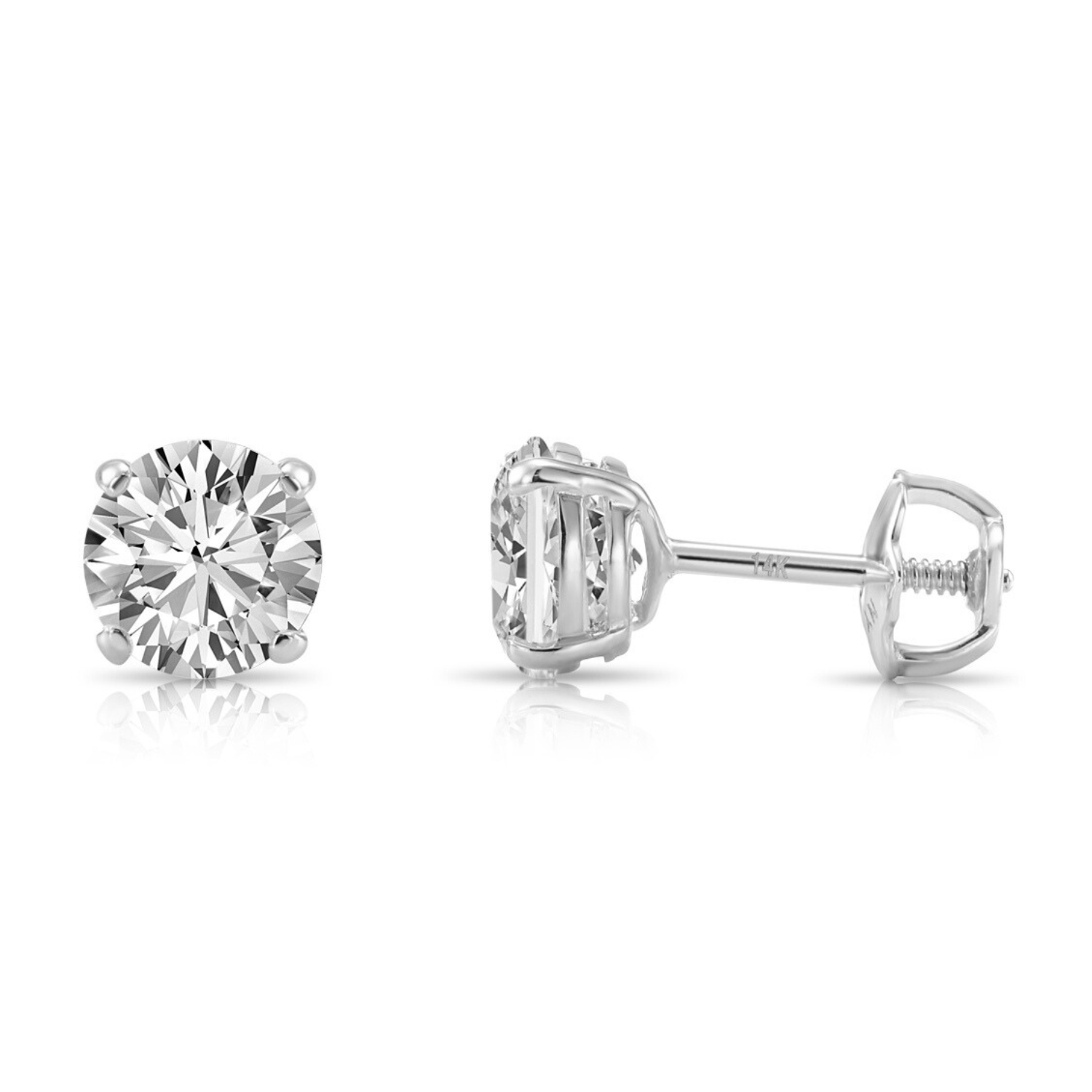 14K White Gold Round Brilliant-Cut Lab Diamond Stud Earrings, Screwback
