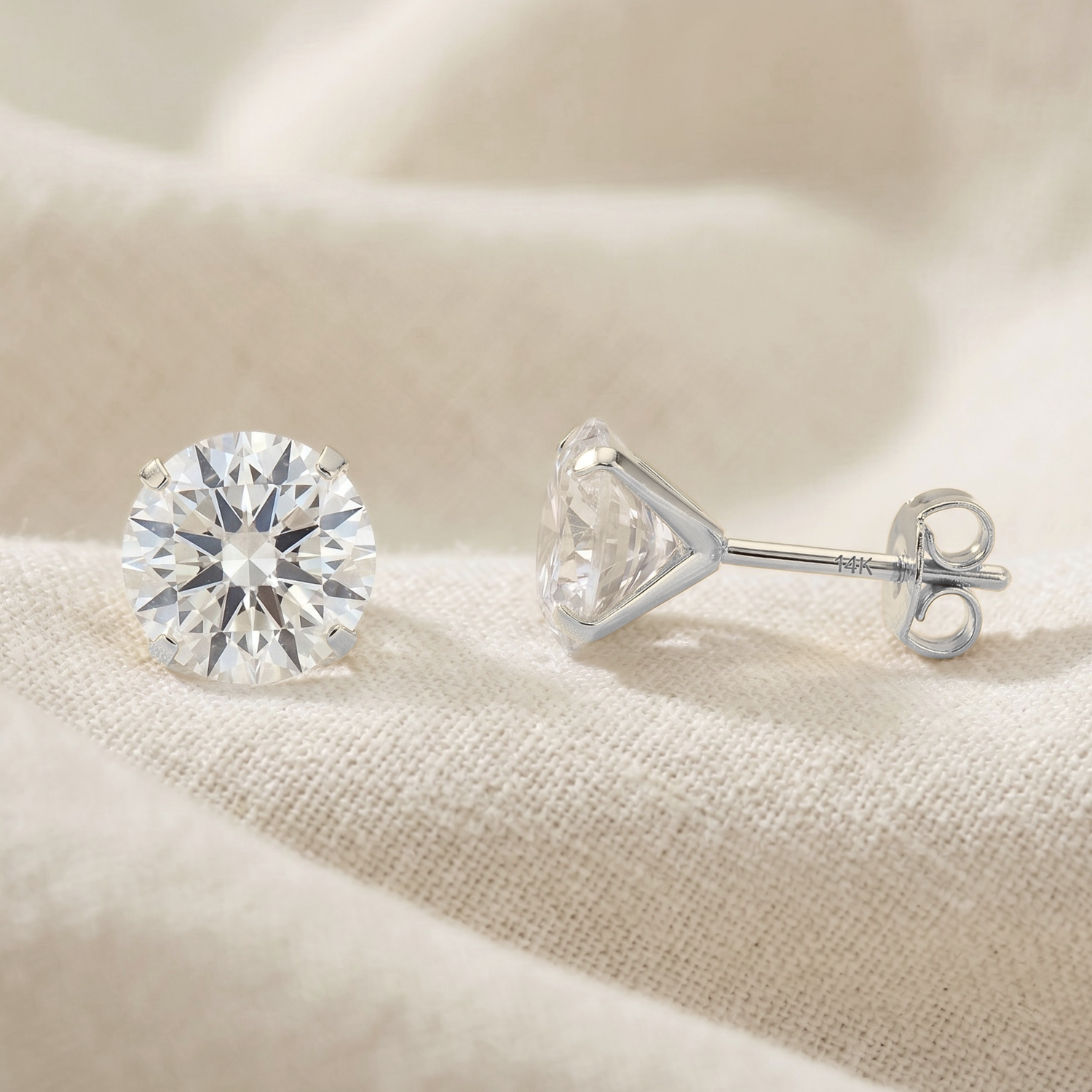 14K Gold Solitaire Cubic Zirconia Stud Earrings, Pushback