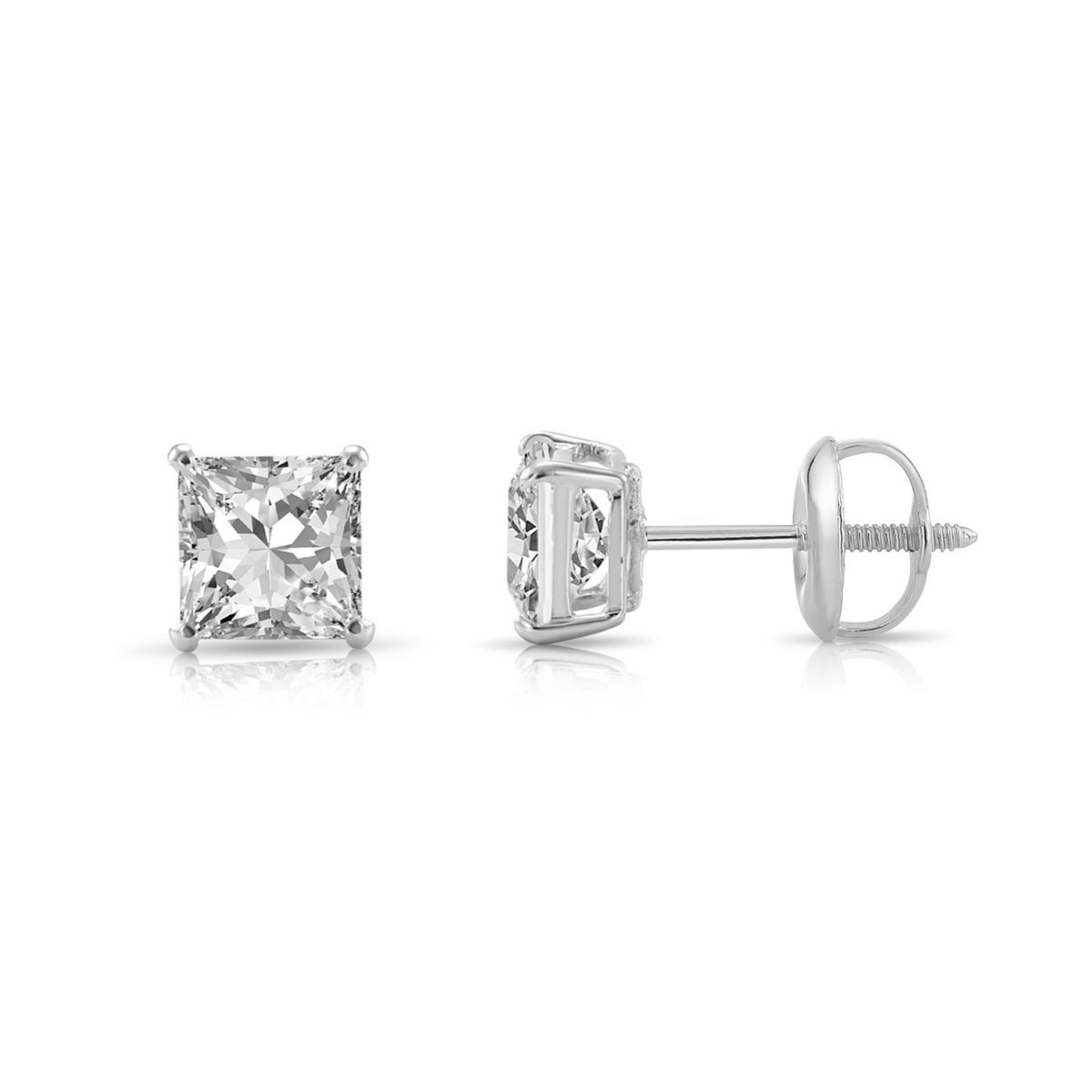 14K Gold Lab Diamond Princess-Cut Stud Earrings, 2ctw, With Secure Screwbacks
