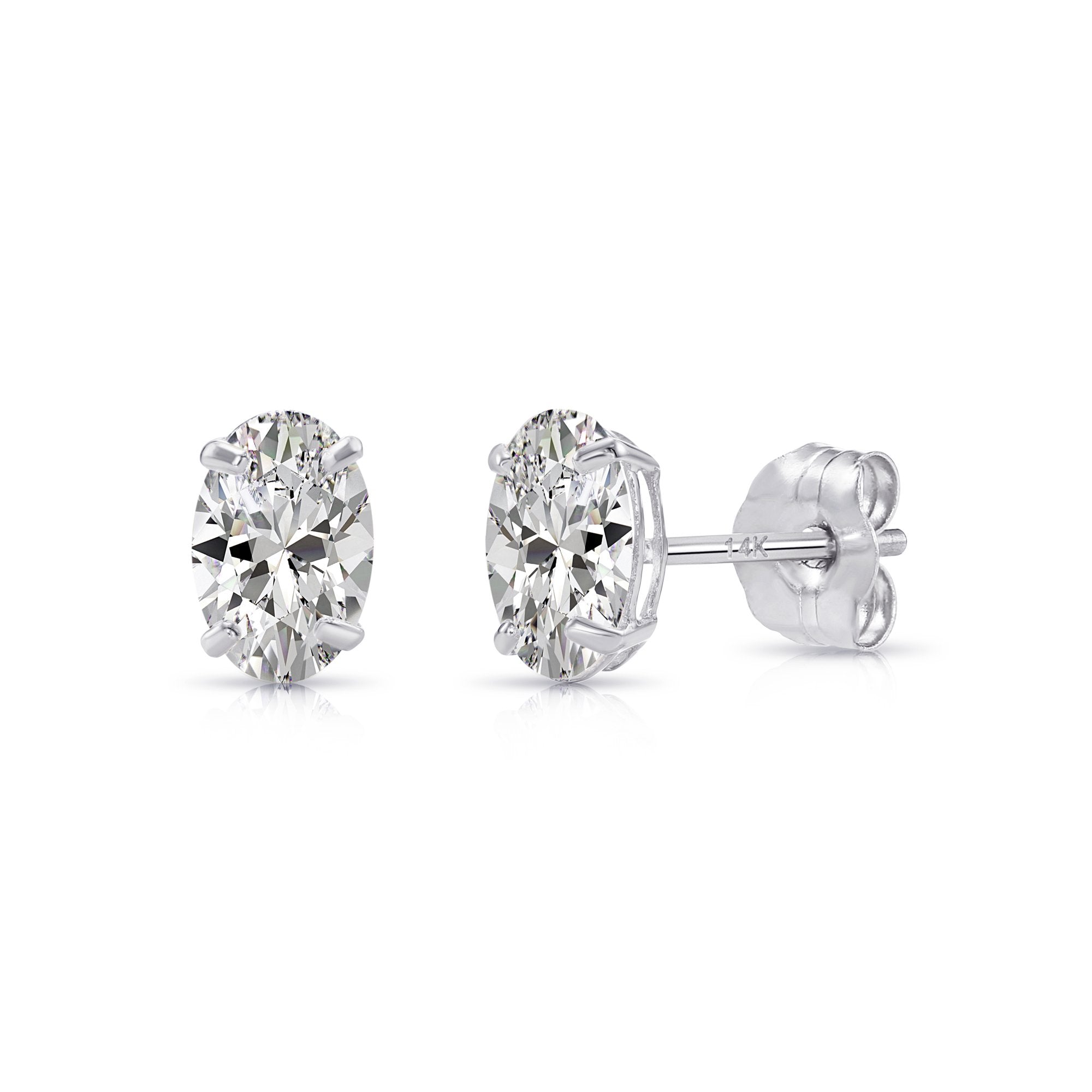 14k Solid Gold Basket Set Oval CZ Stud Earrings, With Pushbacks