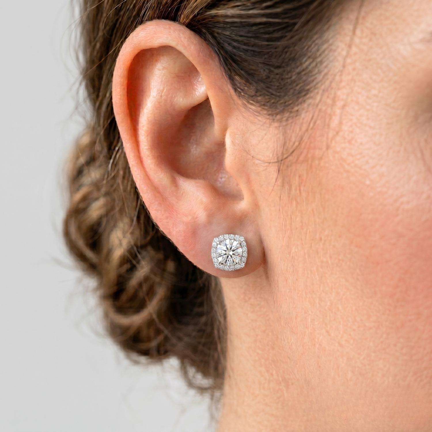 14K White Gold Halo CZ Stud Earrings, Screwback