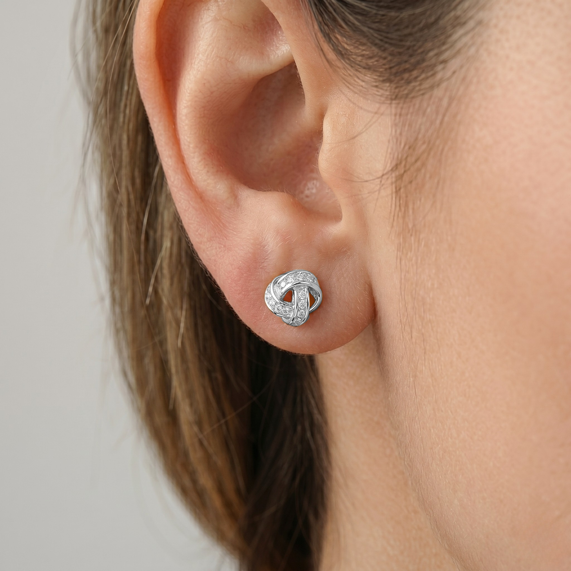 Solid 14k Gold Brilliant CZ Love Knot Twist Studs, 7mm, With Pushbacks