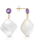 14K Gold Natural Purple Amethyst, With Mother Of Pearl Drop Earrings