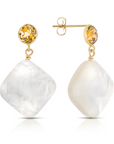 14K Gold Natural Citrine With Mother Of Pearl Drop Earrings