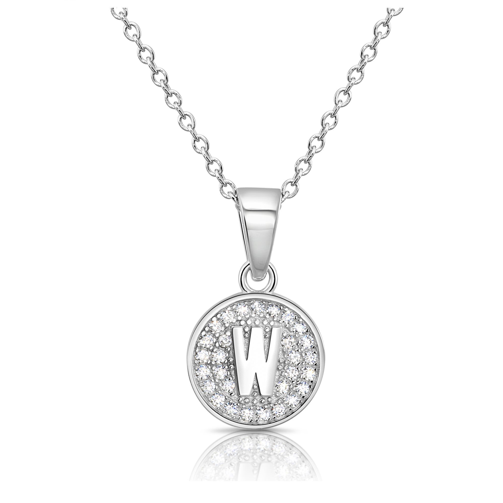 CZ Initial Round Charm Necklace (Letters A-Z) 16&quot; 18&quot; in Sterling Silver