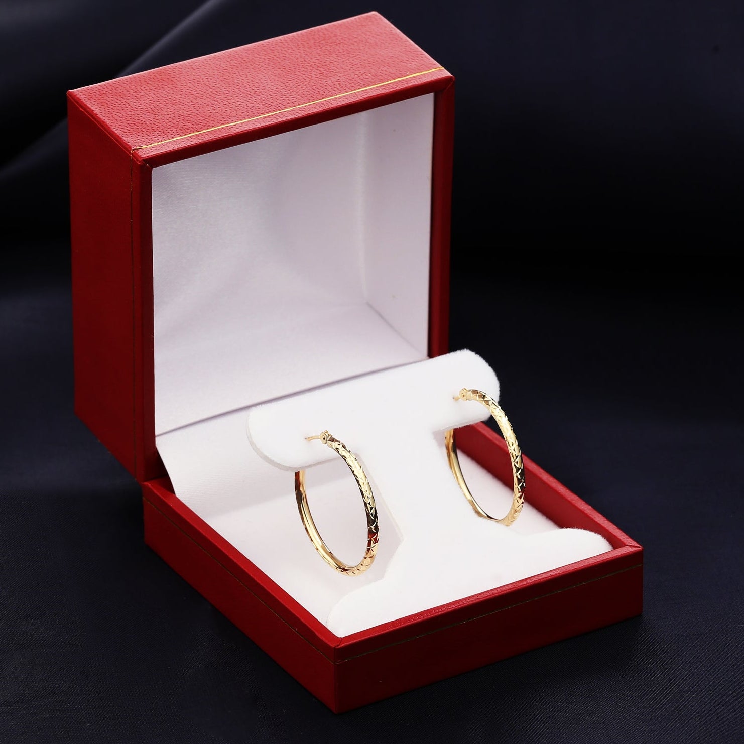 14K Yellow Gold X Pattern Diamond Cut Hoop Earrings