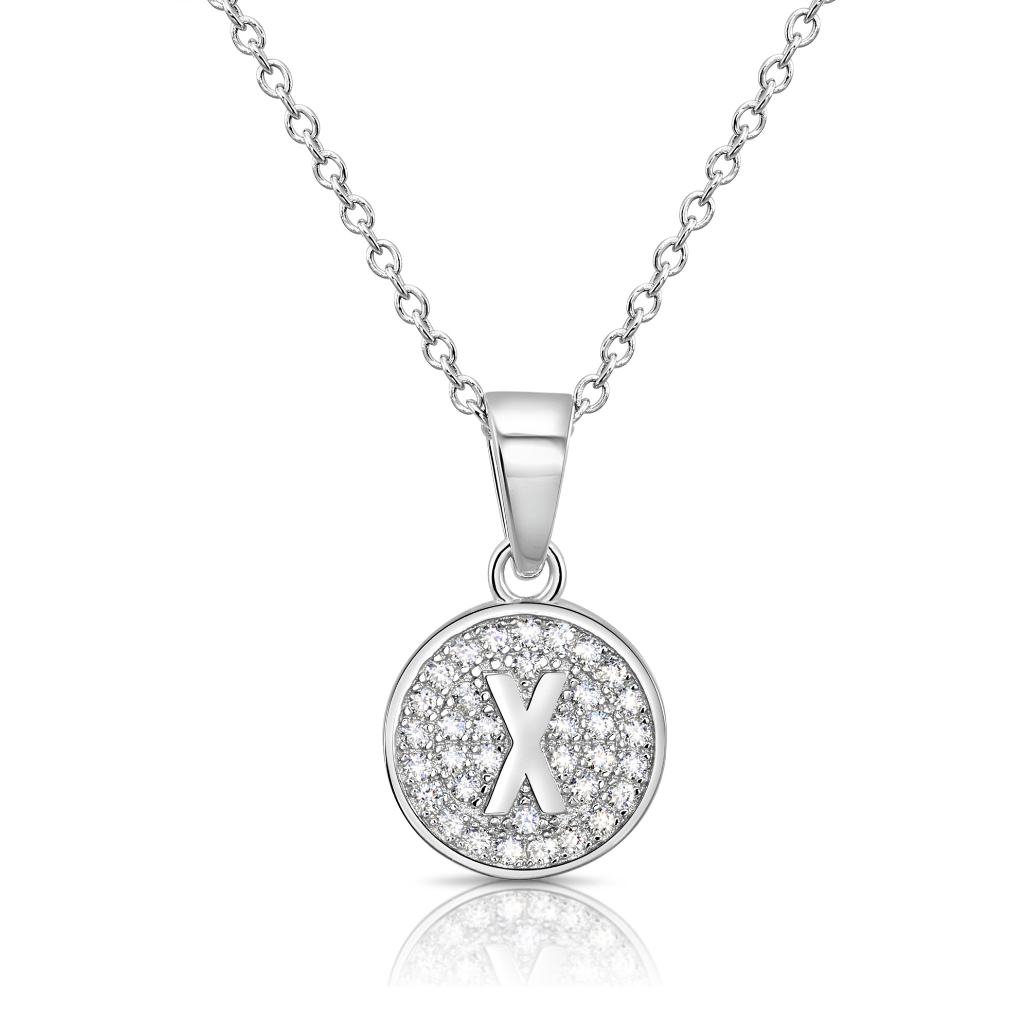 CZ Initial Round Charm Necklace (Letters A-Z) 16&quot; 18&quot; in Sterling Silver