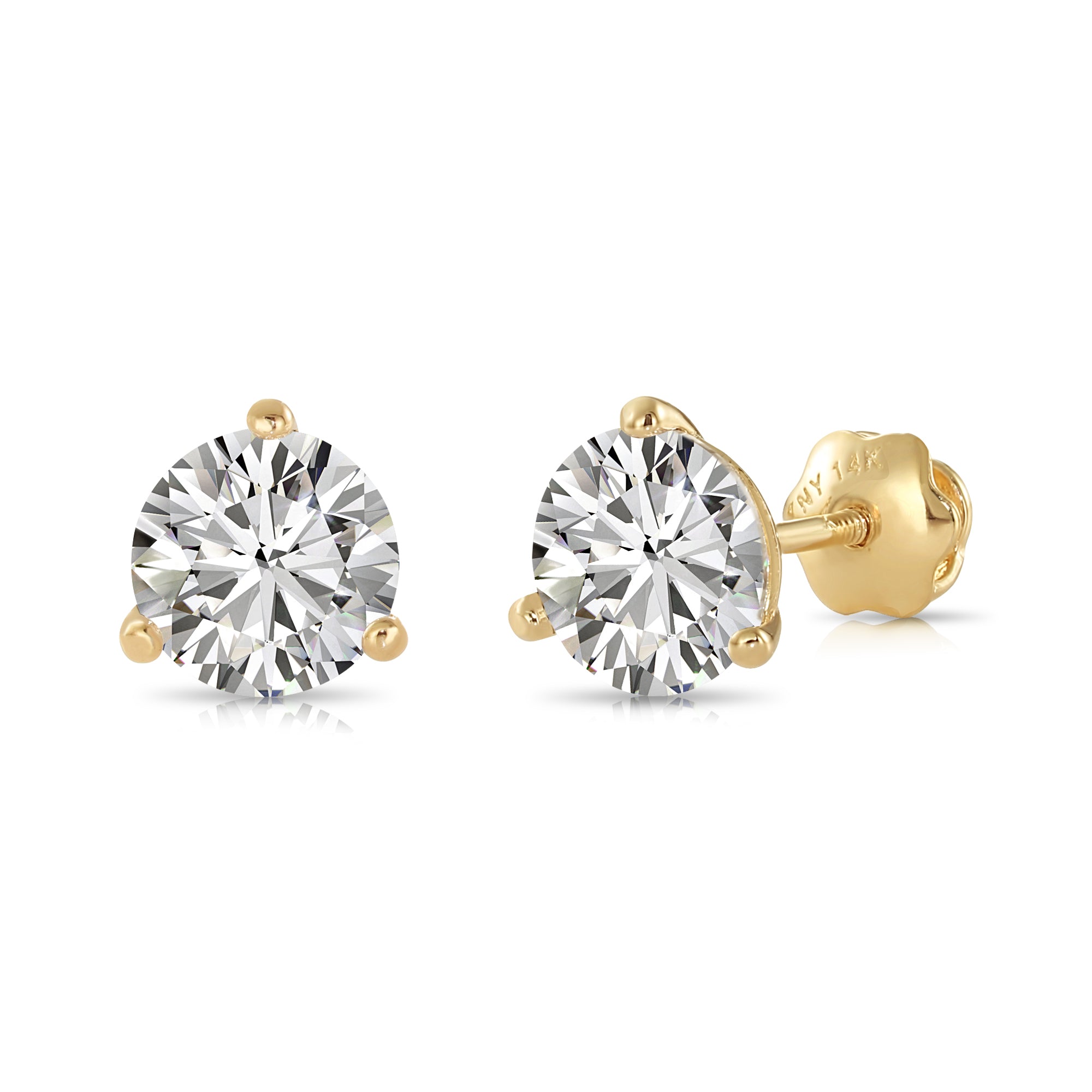 14K Yellow Gold Brilliant-Cut Lab Diamond Studs, Classic Martini 3-Prong Setting, Screwback
