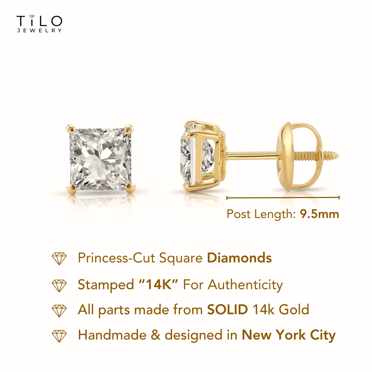 14K Gold Lab Diamond Princess-Cut Stud Earrings, 2ctw, With Secure Screwbacks
