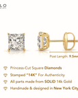 14K Gold Lab Diamond Princess-Cut Stud Earrings, 2ctw, With Secure Screwbacks