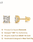 14K Yellow Gold Lab Diamond Stud Earrings, CVD Brilliant Princess-Cut Square Diamond Studs, Screwback