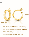 14K Yellow Gold Plain Huggie Hoop Earrings, 13mm