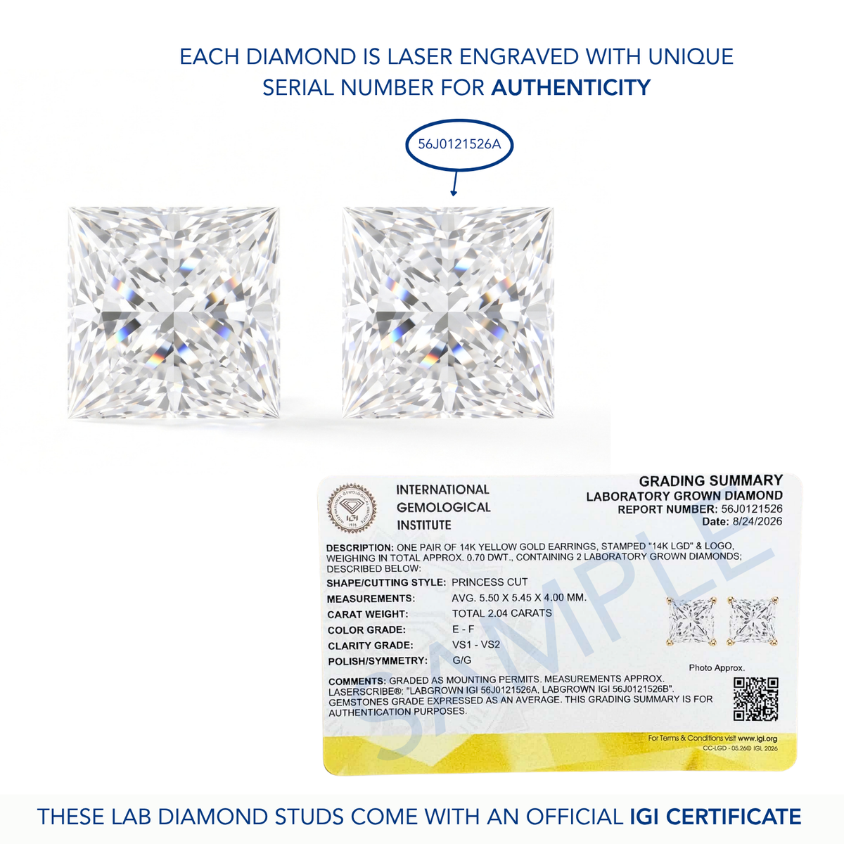 14K Gold Lab Diamond Princess-Cut Stud Earrings, 2ctw, With Secure Screwbacks