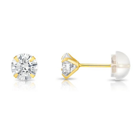 14K Yellow Gold and White Gold Zirconia Stud Earrings, Silicone Push-back, Uinisex.
