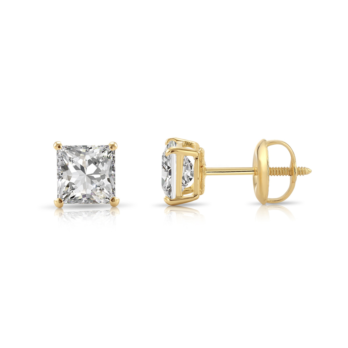 14K Gold Lab Diamond Princess-Cut Stud Earrings, 2ctw, With Secure Screwbacks