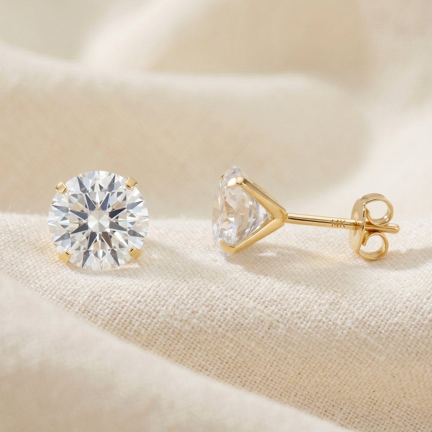 14K Gold Solitaire Cubic Zirconia Stud Earrings, Pushback