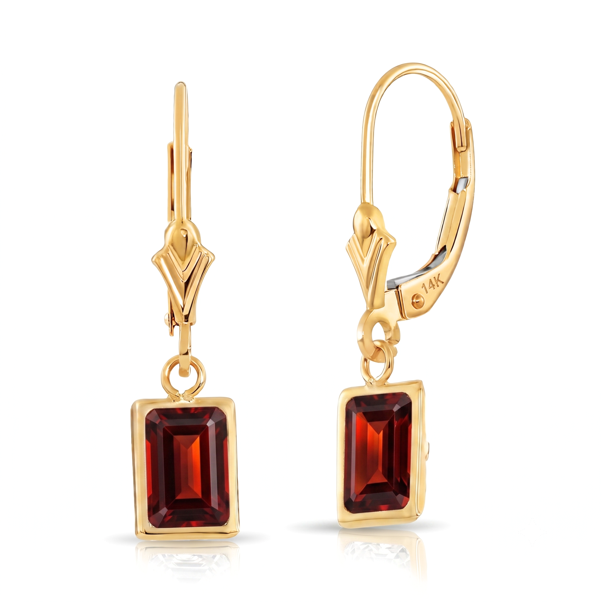 14K Gold Natural Red Garnet Emerald-Cut Gemstone Drop Earrings