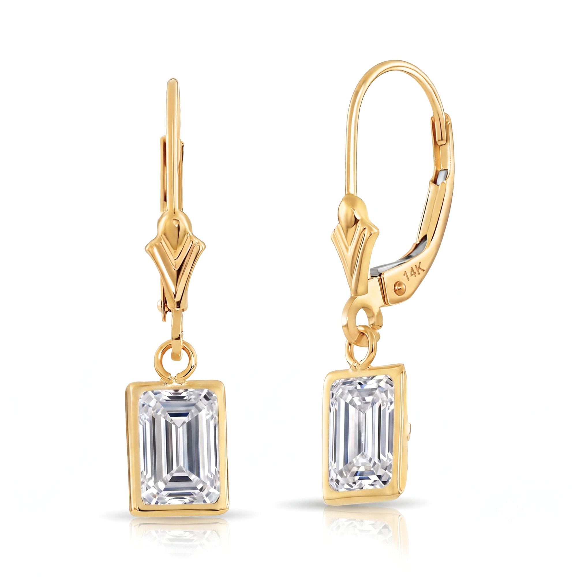 14K Gold Natural White Topaz Emerald-Cut Gemstone Drop Earrings