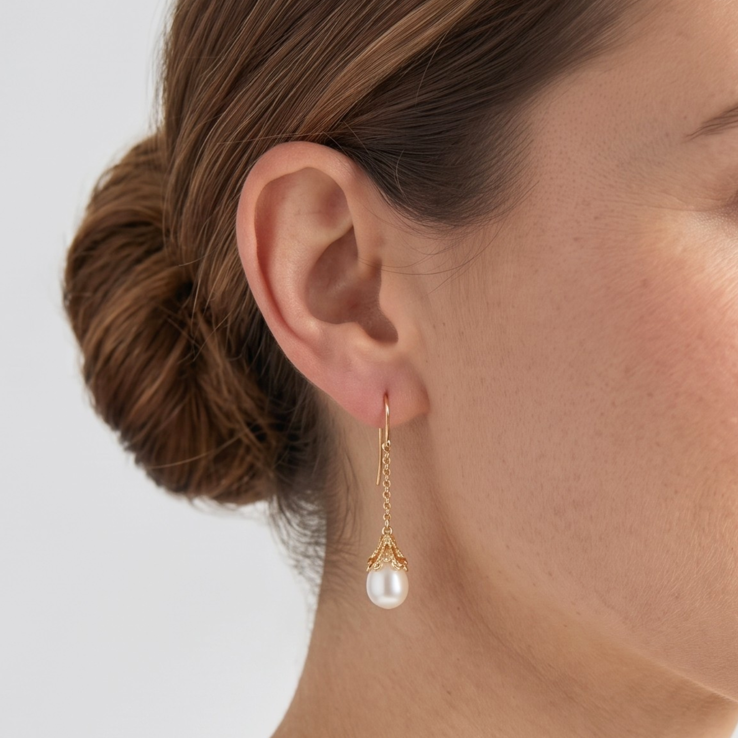 14K Yellow Gold Pearl Drop Dangle Earrings