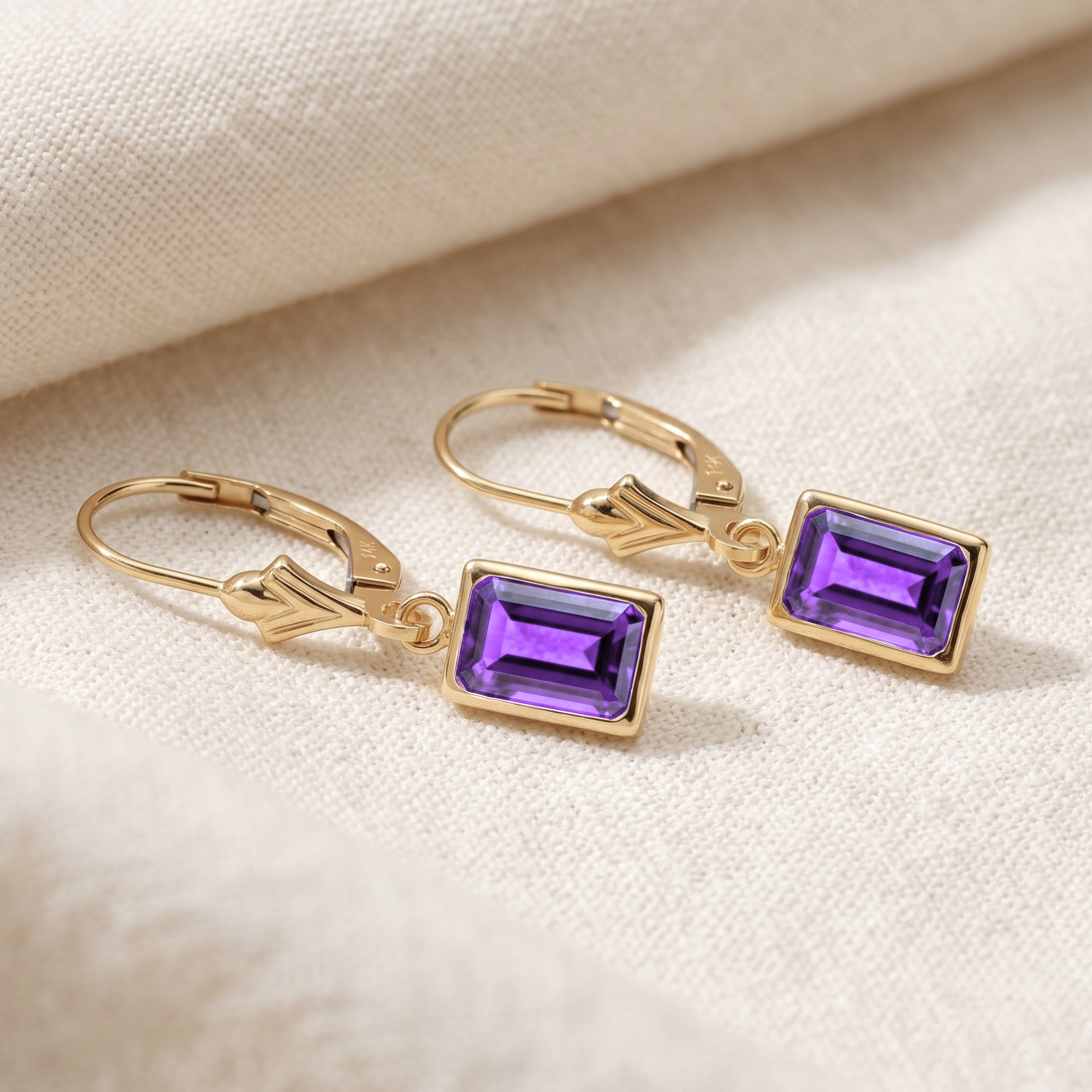 14K Gold Natural Purple Amethyst Emerald-Cut Gemstone Drop Earrings