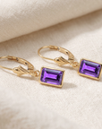 14K Gold Natural Purple Amethyst Emerald-Cut Gemstone Drop Earrings