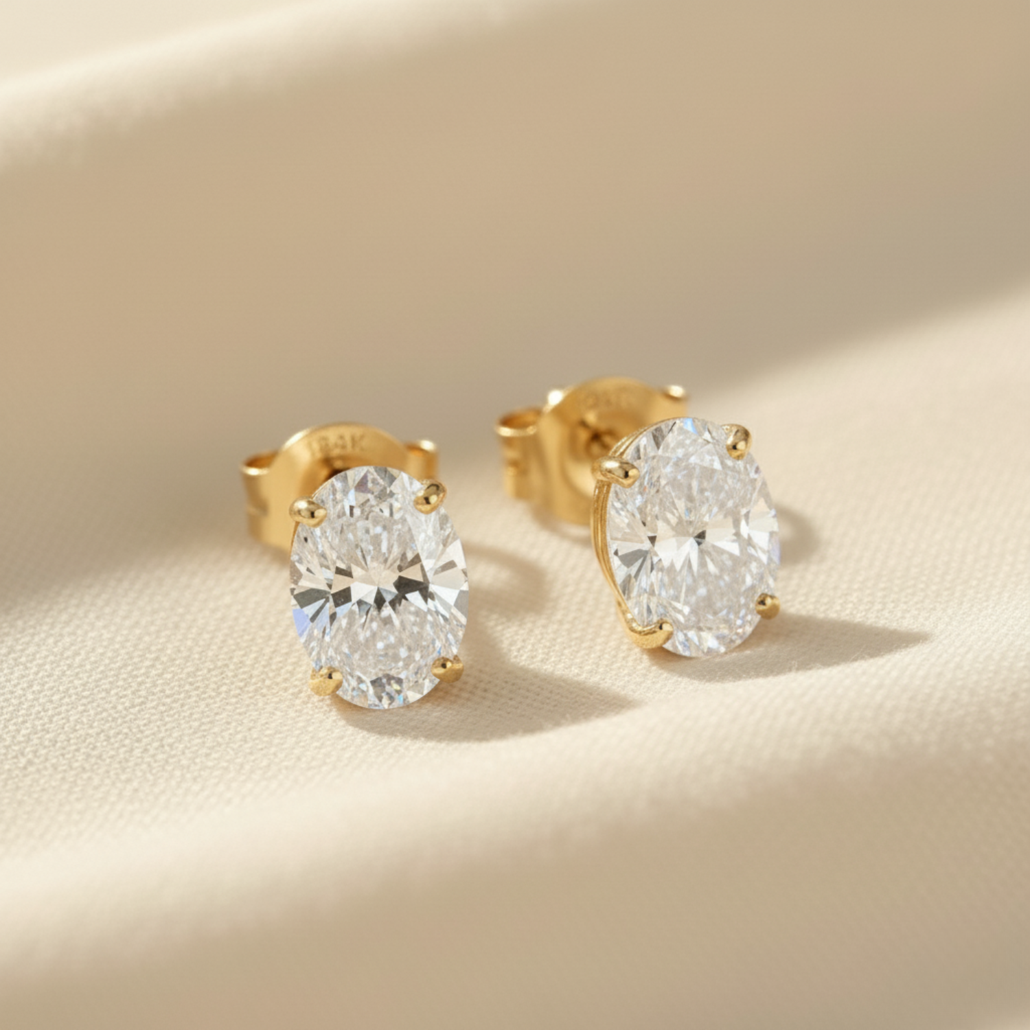 14k Solid Gold Basket Set Oval CZ Stud Earrings, With Pushbacks