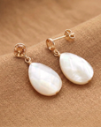 14K Gold Natural Citrine With Mother Of Pearl Drop Earrings