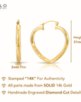 14k Yellow Gold Heart Hoop Earrings, With Hand Engraved Floral Diamond-Cuts, 