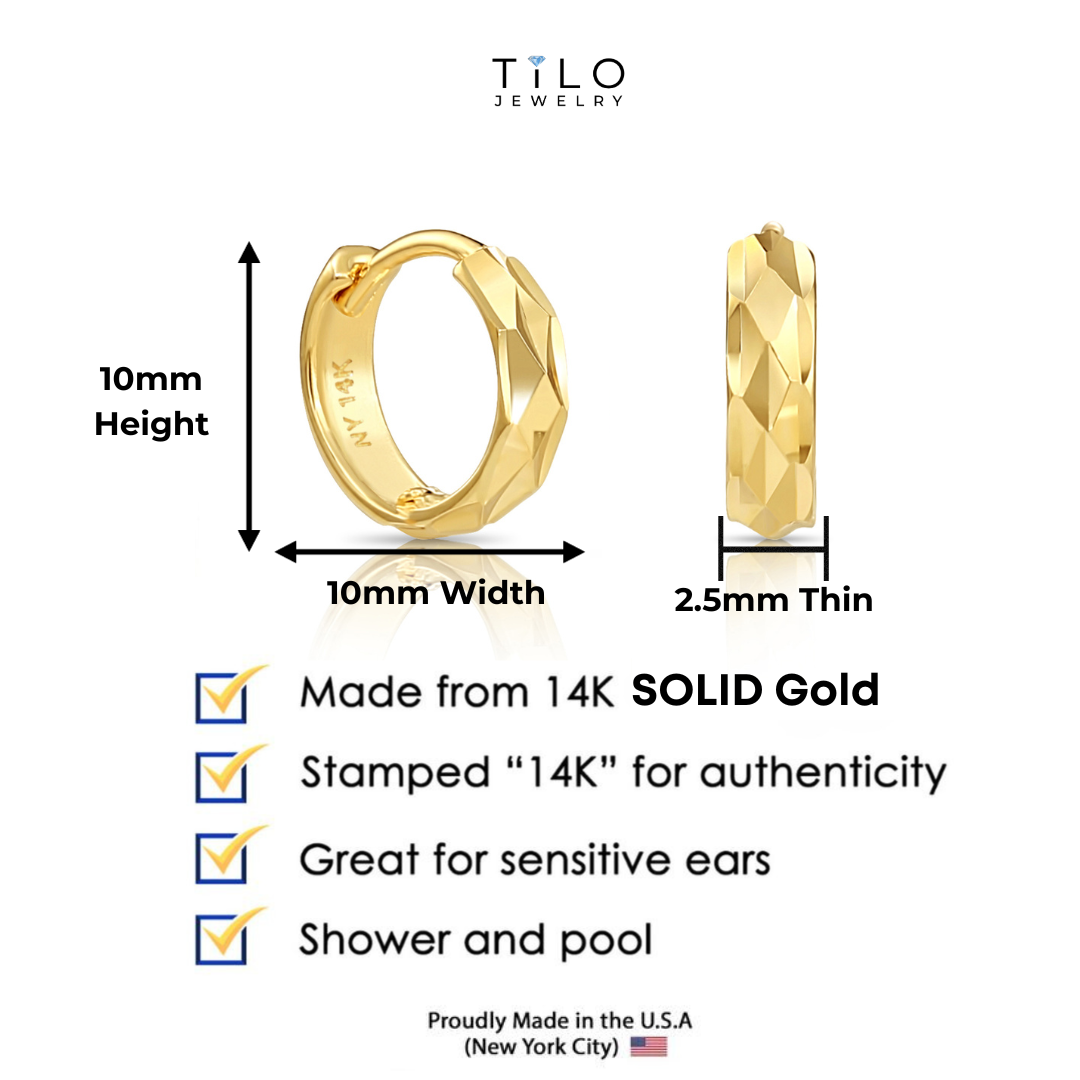 14K Gold Hand Engraved Huggies, Dainty 10mm Gold Earrings