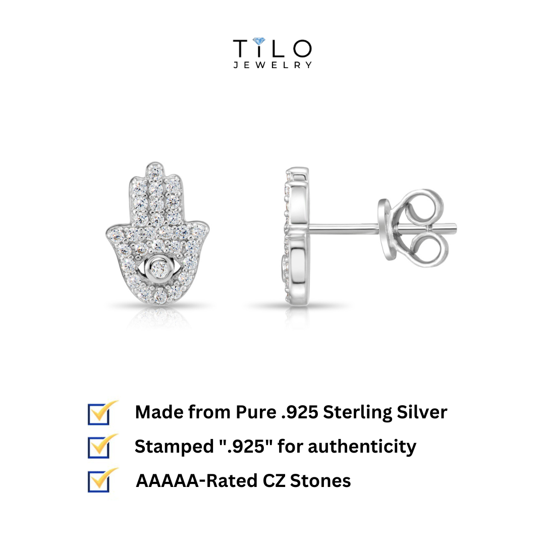 CZ Hamsa Stud Earrings, Evil Eye Protection Jewelry in Sterling Silver