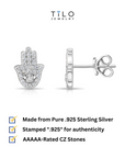 CZ Hamsa Stud Earrings, Evil Eye Protection Jewelry in Sterling Silver