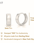 925 Sterling Silver Wide Huggie Hoop Earrings, 15mm