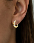 Solid 14K Yellow Gold Hexagon Huggie Hoop Earrings, Single Row CZ Hoops, 12mm