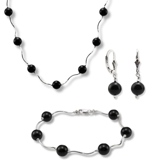 Stunning Sterling Silver and Onyx Complete Set, Handmade Fine 18 inch Necklace 7.5 inch Bracelet
