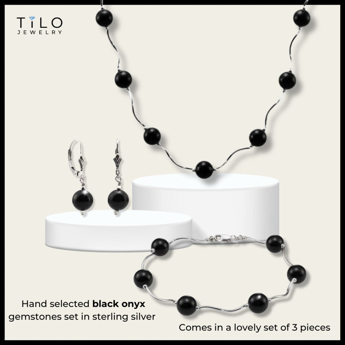 Unique Onyx Stone Set, 18 inch Necklace 7.5 inch Bracelet and Earrings in Sterling Silver