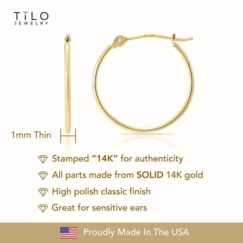 14K Yellow Gold Thin Plain Hoop Earrings, 1mm