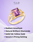 Natural Amethyst Gemstone Ring, 14k Gold Ring with Natural Diamonds