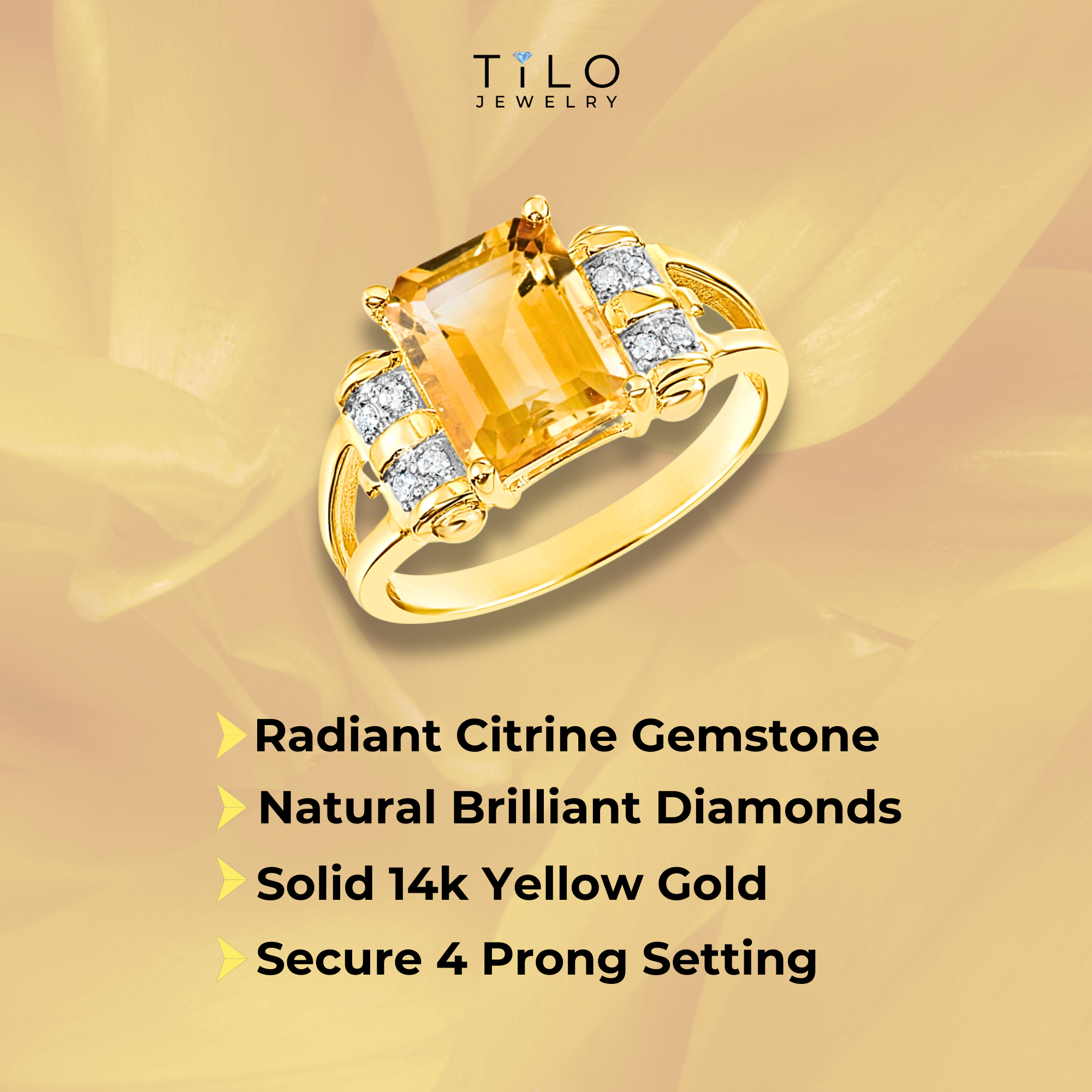 Natural Citrine Gemstone Ring, 14k Gold Ring with Natural Diamonds