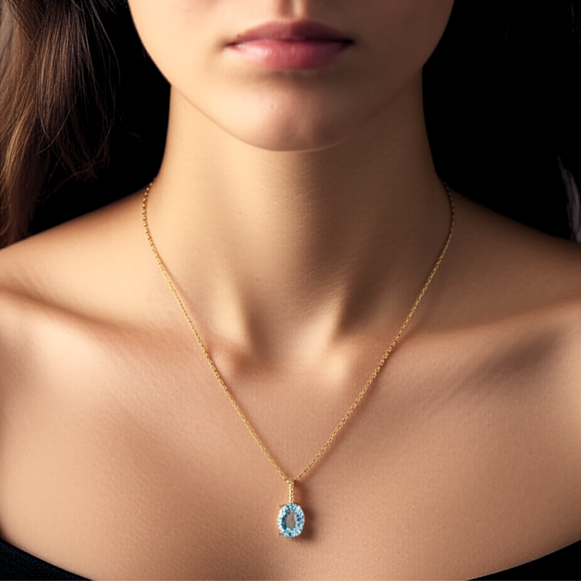 14k Yellow Gold Topaz Necklace, Brilliant Sky Blue 6 Carat Oval Shaped Topaz Gemstone Pendant