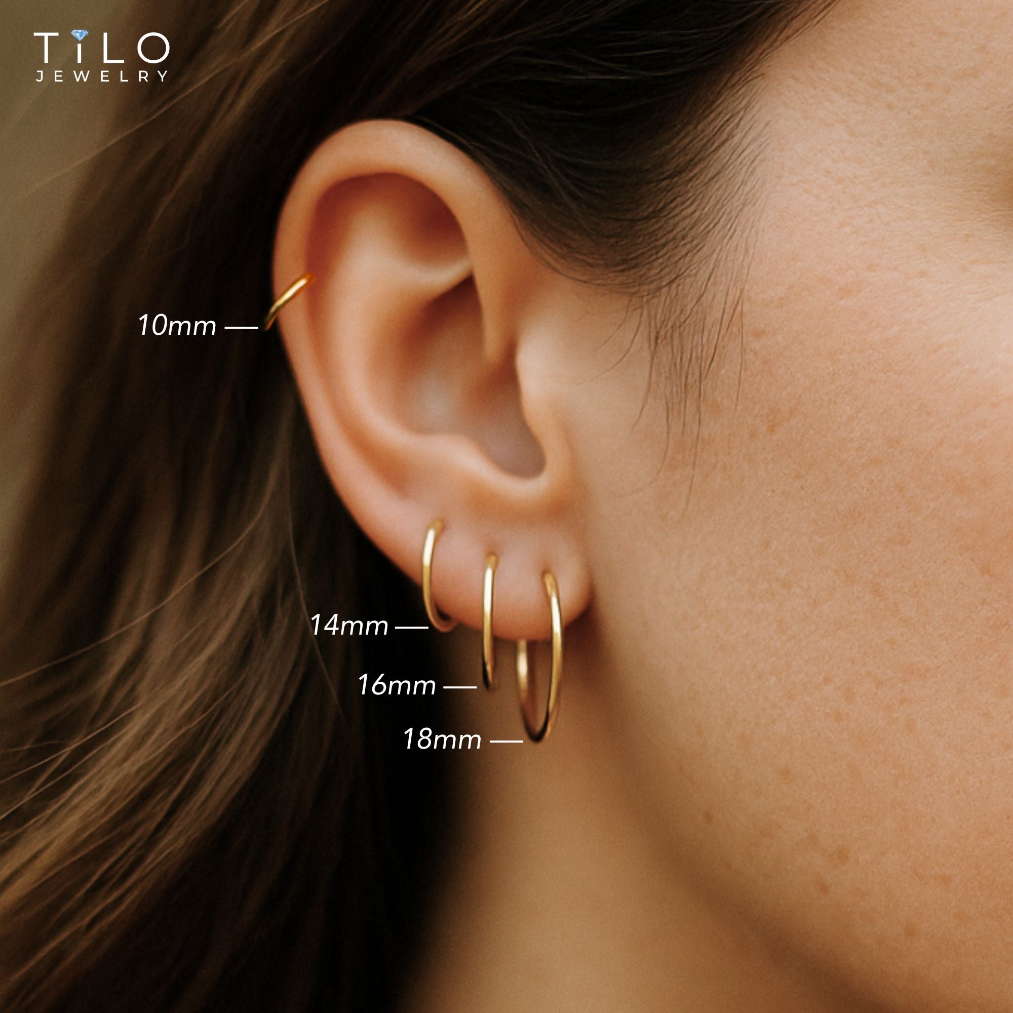 14K Yellow Gold Thin Plain Hoop Earrings, 1mm