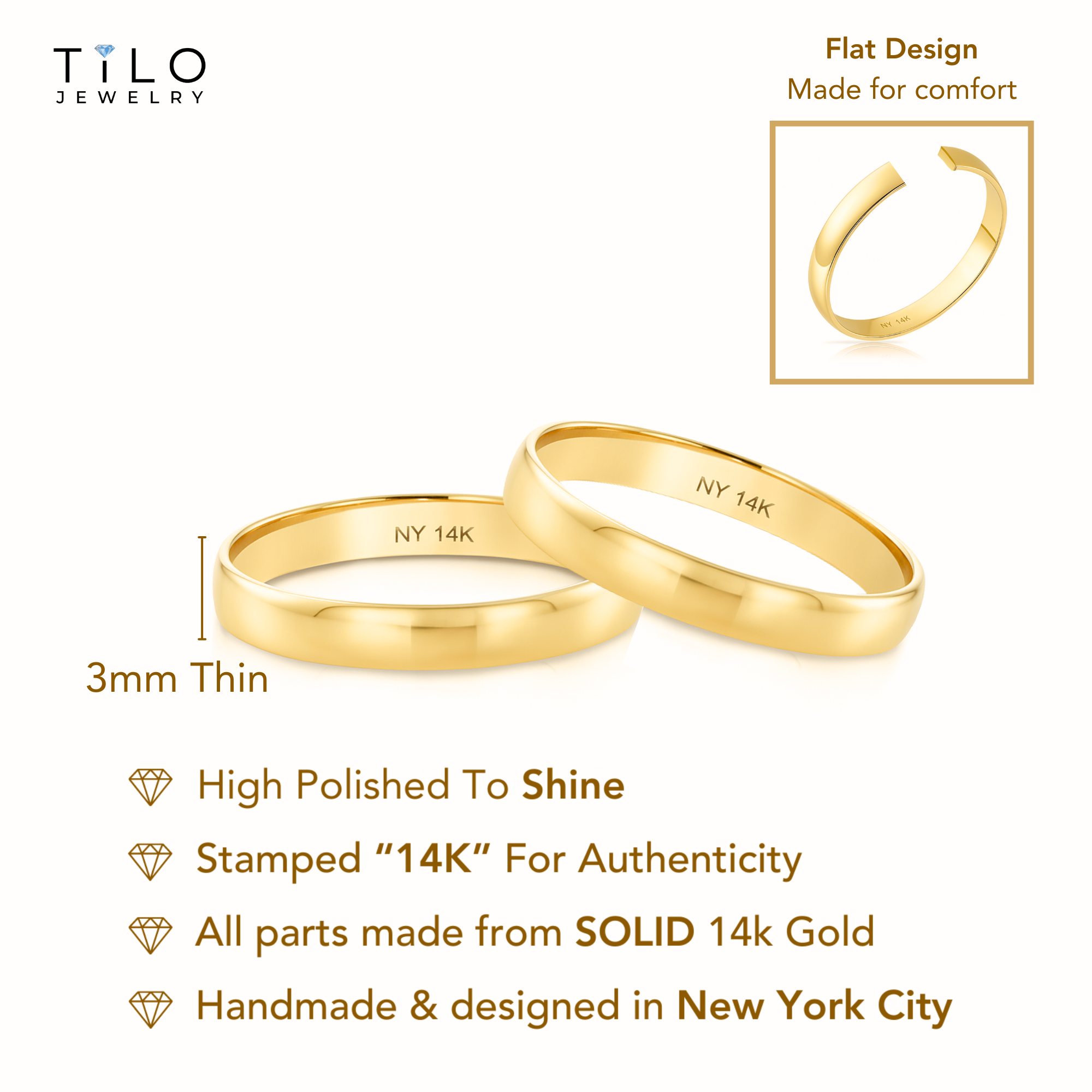 14K Yellow Gold Classic Wedding Band Ring, 3mm Thin