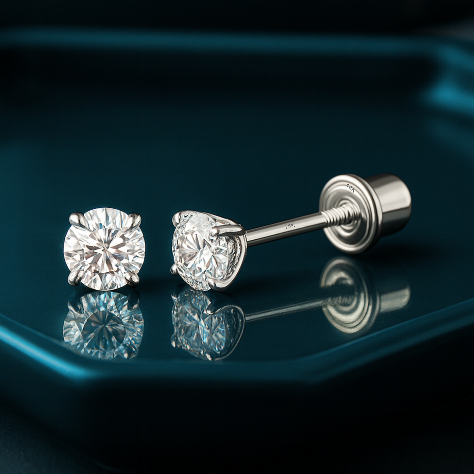 14K White Gold Lab Diamond Stud Earrings, CVD Brilliant Solitaire Round Diamond Studs, Screwback