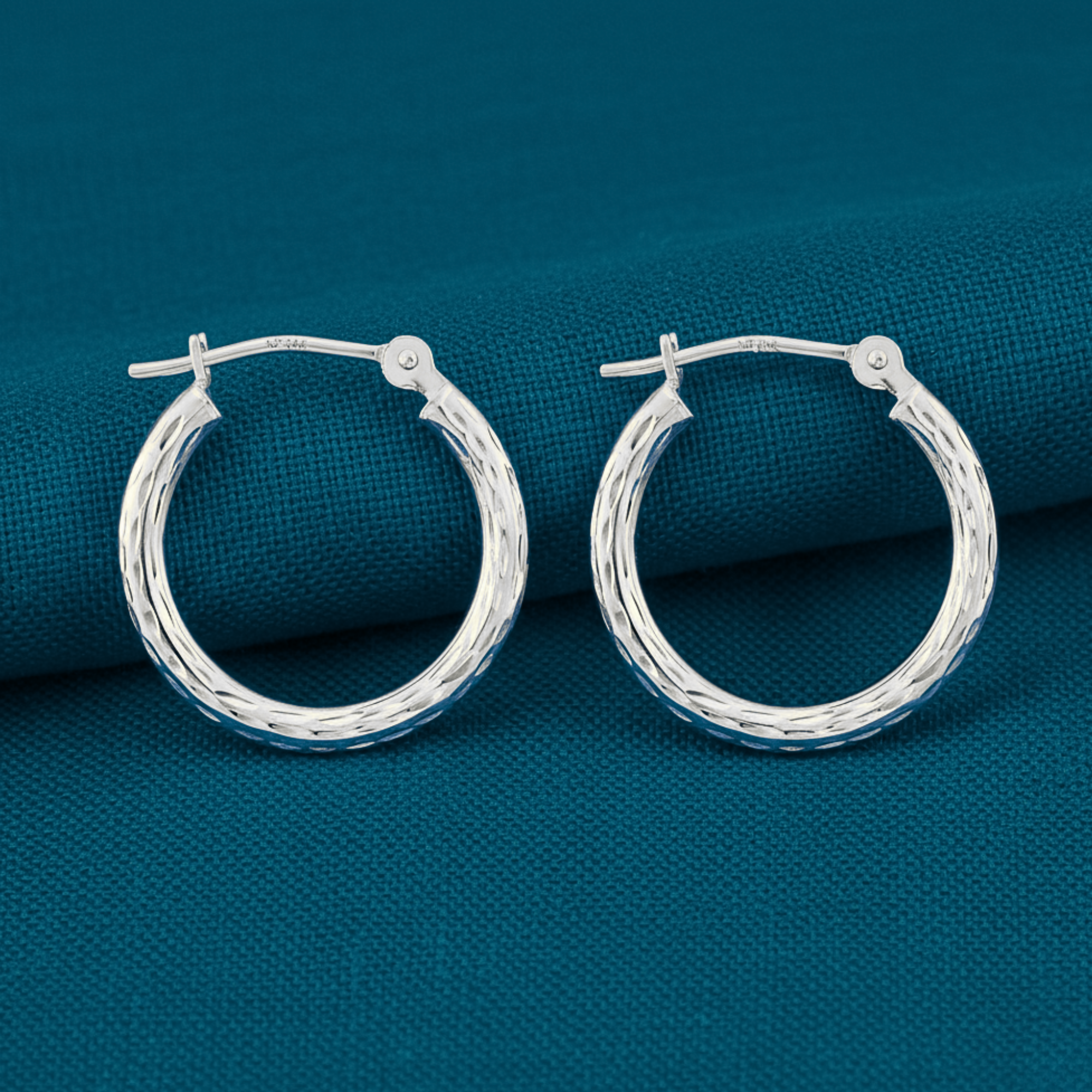 14k White Gold All Around Diamond Cut Hoop Earrings