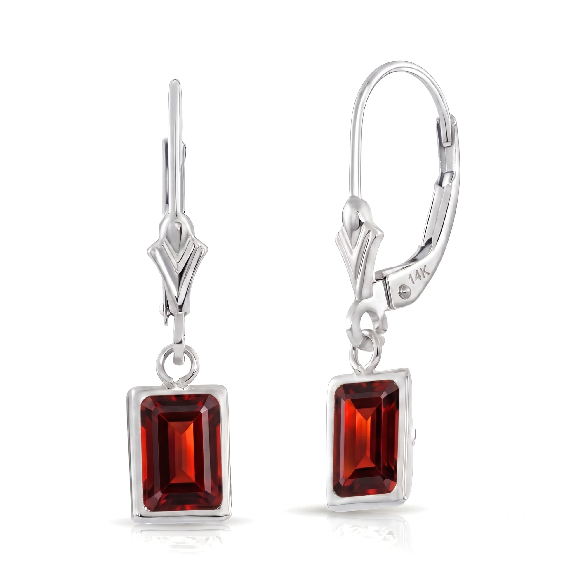 14K Gold Natural Red Garnet Emerald-Cut Gemstone Drop Earrings