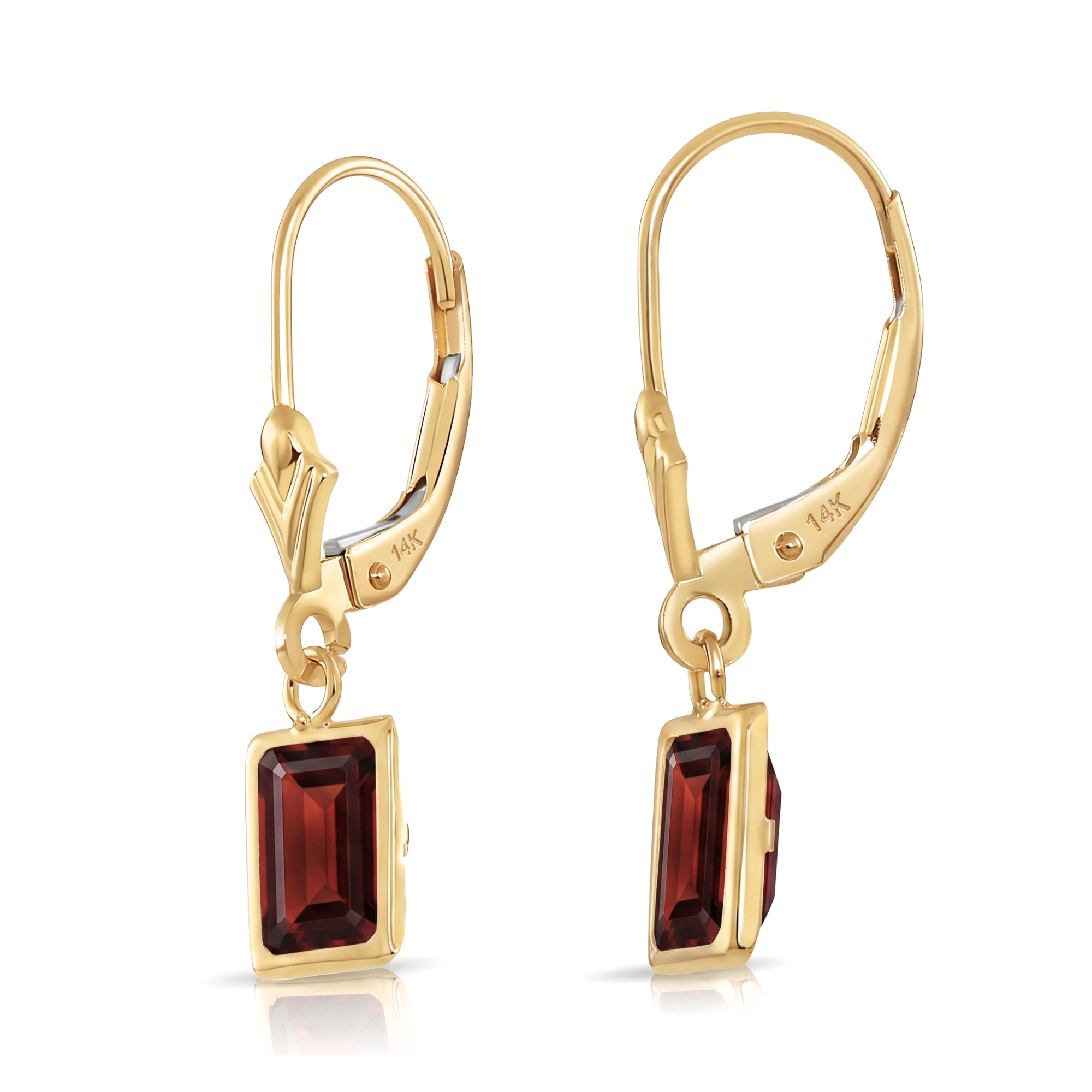 14K Gold Natural Red Garnet Emerald-Cut Gemstone Drop Earrings